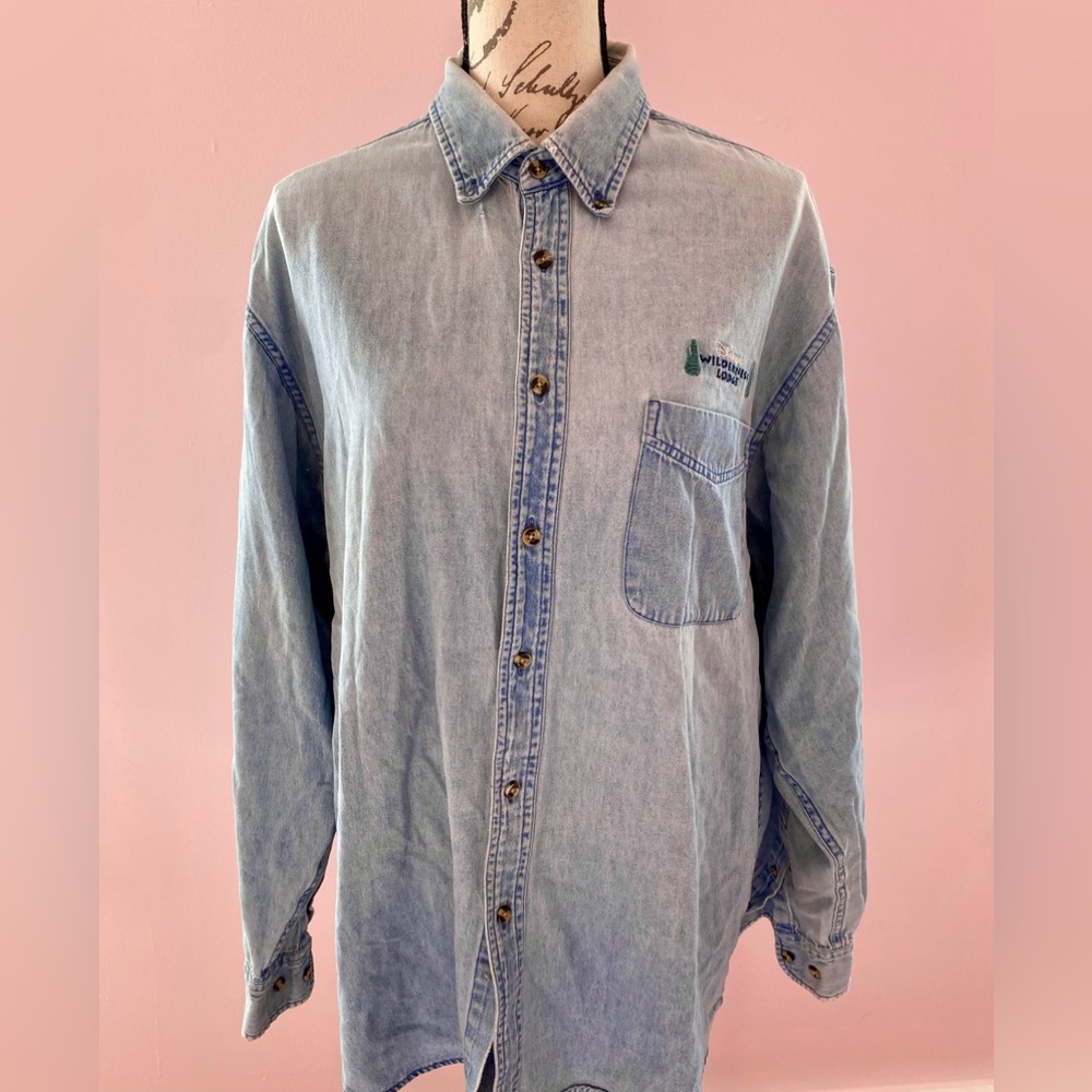 Vintage Disney Fort Wilderness Denim Blue Men's Button Down Shirt Size Large